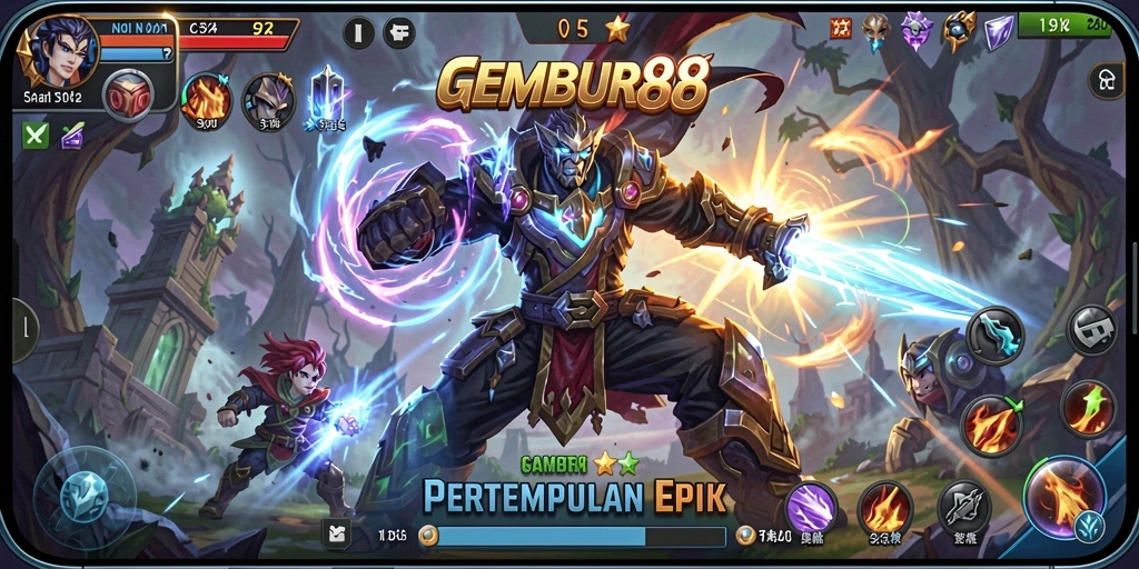Screenshot gameplay GEMBUR88 menampilkan aksi pertempuran intens MOBA.