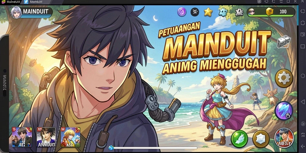 Tangkapan layar gameplay MAINDUIT yang menampilkan karakter anime yang dinamis.