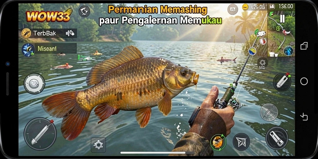 Screenshot utama WOW33, menampilkan aksi memancing yang seru di laut.
